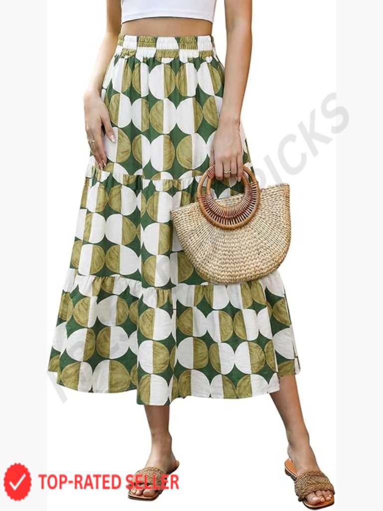 Boho Floral Print Midi Skirt A-Line Elastic High Waist Flowy Casual Summer